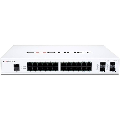 Fortinet FS-124F is een prestatie/prijs concurrerende switch met 24x GE-poort + 4x SFP+-poort + 1x RJ45-console