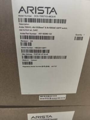 DCS-7050TX3-48C8-R, Arista 7050X3 Switch, 48x10GBaseT/8x100GbE QSFP/achter-naar-voor lucht
