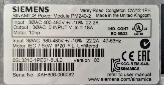 Siemens 6SL3210-1PE21-8UL0 G120 voedingsmodule 7,5 kW 380-480 V AC-omvormeraandrijving